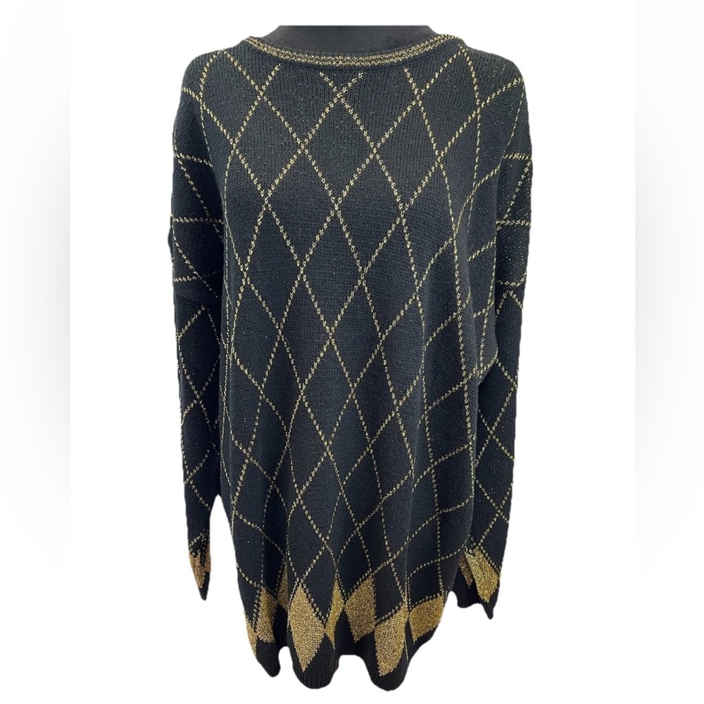 Koret women plus gold black argyle pullover glitter sweater size 24W 1980/90s‎
